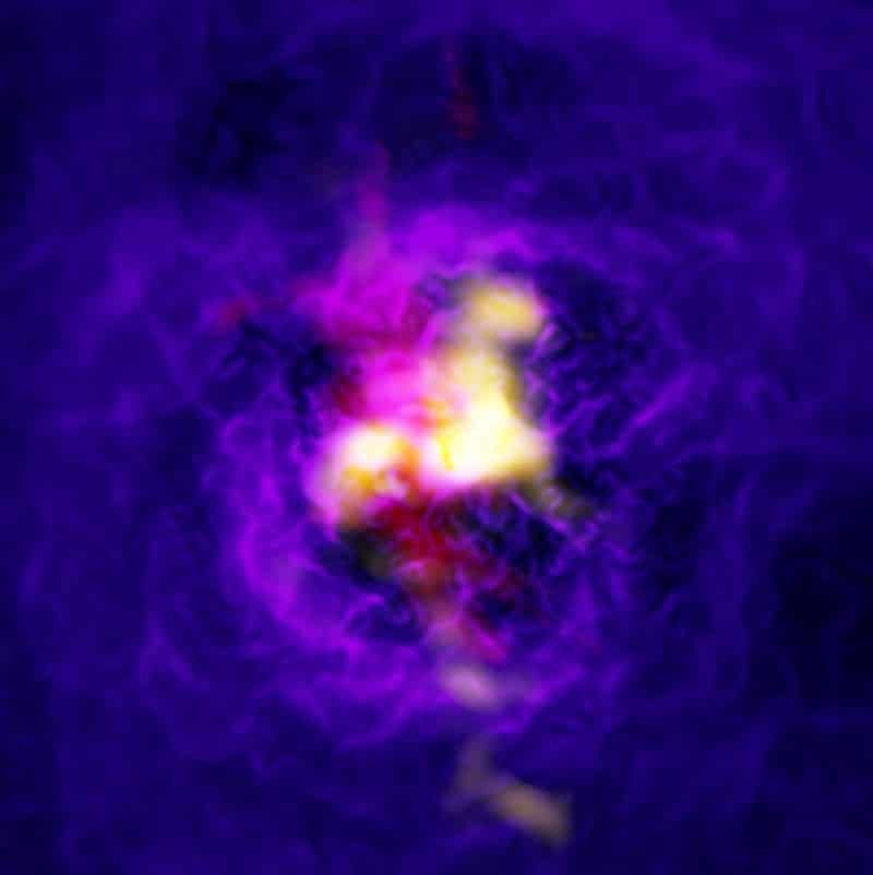 Composición del cúmulo de galaxias Abell 2597 mostrando el flujo de gas en forma de fuente, alimentado por el agujero negro supermasivo de la galaxia central. Crédito de la imagen: ALMA (ESO/NAOJ/NRAO), Tremblay et al.; NRAO/AUI/NSF, B. Saxton; NASA/Chandra; ESO/VLT