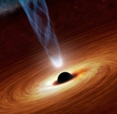 Ilustración de un agujero negro, con su disco de acreción y corona, representada como una luz blanca en la base del chorro de rayos X. / NASA - JPL-CalTech
