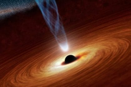 Ilustración de un agujero negro, con su disco de acreción y corona, representada como una luz blanca en la base del chorro de rayos X. / NASA - JPL-CalTech