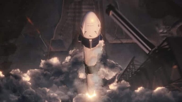 Concepto artístico del lanzamiento del vuelo de prueba Demo-1 con la cápsula de tripulación Dragón de SpaceX. Image Credit: NASA/SpaceX