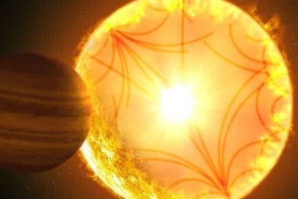 Concepto artístico del sistema Kepler-1658. Las ondas de sonido que se propagan a través del interior estelar se utilizaron para caracterizar la estrella y el planeta. Kepler-1658b, orbitando con un período de solo 3.8 días, fue el primer candidato a exoplaneta descubierto por Kepler hace casi 10 años. Crédito de la imagen: Gabriel Pérez Díaz / Instituto de Astrofísica de Canarias