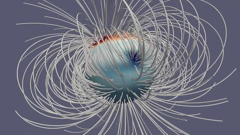 Esta imagen representa el campo magnético de Júpiter en un momento único en el tiempo. La gran mancha azul, una concentración del campo magnético invisible para el ojo cerca del ecuador, se destaca como una característica particularmente fuerte. Crédito de la Imagen: NASA/JPL-Caltech/Harvard/Moore et al.