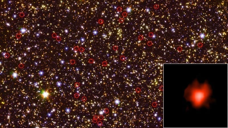 Esta vista de campo profundo del cielo (centro) tomada por los telescopios espaciales Hubble y Spitzer de la NASA está dominada por galaxias, incluidas algunas muy débiles y muy distantes, rodeadas en rojo. El recuadro inferior derecho muestra la luz obtenida de una de esas galaxias durante una observación de larga duración. Créditos: NASA/JPL-Caltech/ESA/Spitzer/P. Oesch/S. De Barros/I.Labbe