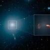 La galaxia M87, fotografiada aquí por el Telescopio Espacial Spitzer de la NASA, alberga un agujero negro súper masivo que arroja dos chorros de material al espacio a casi la velocidad de la luz. El recuadro muestra una vista en primer plano de las ondas de choque creadas por los dos chorros. Image Credit: NASA/JPL-Caltech/IPAC
