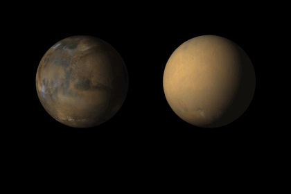 En estas dos imágenes se muestra como quedó Marte tras la tormenta global de polvo que afectó al Planeta Rojo en 2018. Crédito de la imagen: NASA/JPL-Caltech/MSSS