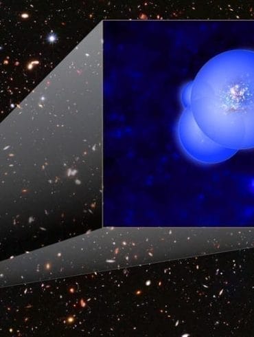 Esta ilustración del grupo de galaxias EGS77 muestra las galaxias rodeadas por burbujas superpuestas de hidrógeno ionizado. Crédito de la imagen: NASA, ESA y V. Tilvi (ASU)?
