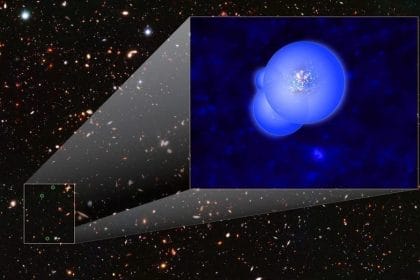 Esta ilustración del grupo de galaxias EGS77 muestra las galaxias rodeadas por burbujas superpuestas de hidrógeno ionizado. Crédito de la imagen: NASA, ESA y V. Tilvi (ASU)?