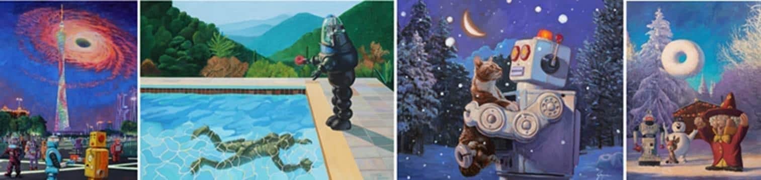 [L-R] “The Red Envelope” | “Portrait of the Artist” (David Hockney tribute) | “Midnight Stroll” | “The Wizard of O's”