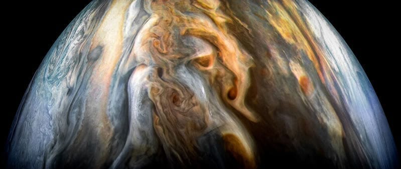 Imagen captada por la nave espacial Juno de la NASA de la región ecuatorial sur de Júpiter el 1 de Septiembre de 2017. Image Credit: NASA/JPL-Caltech/SwRI/MSSS/Kevin M. Gill