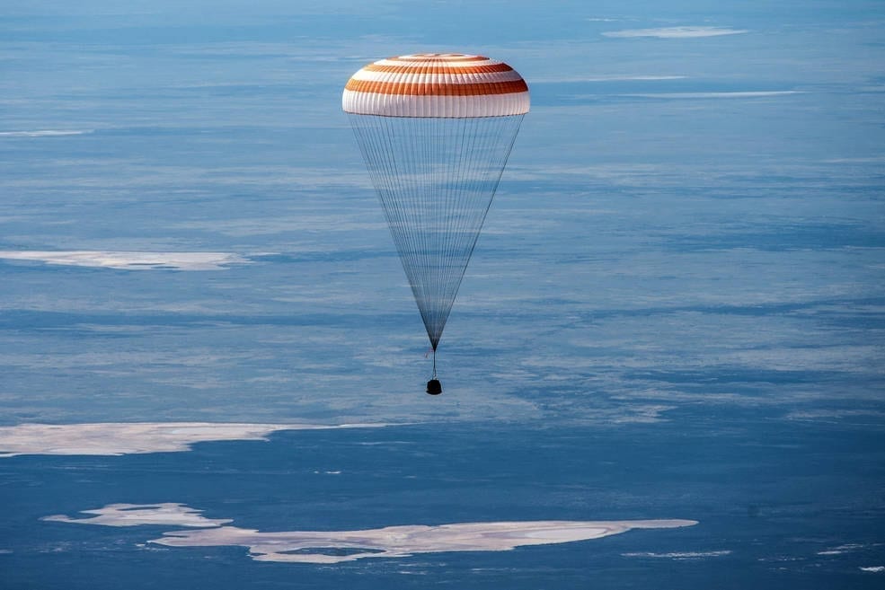 The Soyuz MS-15 spacecraft is seen as it lands in a remote area near the town of Zhezkazgan, Kazakhstan with Expedition 62 crew members Jessica Meir and Drew Morgan of NASA, and Oleg Skripochka of Roscosmos, Friday, April 17, 2020. Meir and Skripochka returned after 205 days in space, and Morgan after 272 days in space. All three served as Expedition 60-61-62 crew members onboard the International Space Station. Credits: NASA/GCTC/Andrey Shelepin