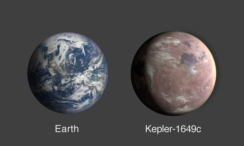 Una comparación de la Tierra y Kepler-1649c, un exoplaneta de solo 1,06 veces el radio de la Tierra. Image Credit: NASA/Ames Research Center/Daniel Rutter