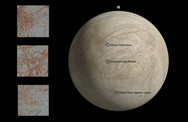El mapa de arriba muestra ubicaciones donde cada imagen, que muestra una variedad de características, fue capturada por Galileo durante su octavo sobrevuelo de la luna Europa de Júpiter. Image Credit: NASA/JPL-Caltech