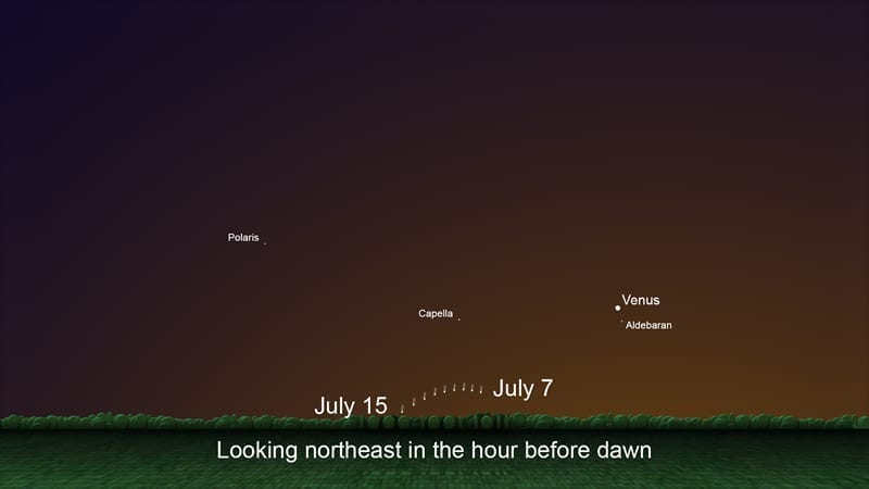 Este gráfico muestra la ubicación del cometa C/ 2020 F3 justo antes del amanecer, del 7 al 15 de Julio. Image Credit: NASA/JPL-Caltech