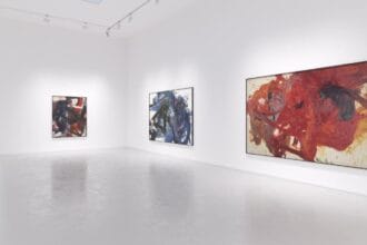 Installation view of Kazuo Shiraga: Tales of the Water Margin at FM Virtual © Estate of Kazuo Shiraga; 2. Gutai: Kazuo Shiraga video still (2018), produced by Fergus McCaffrey and Documentary Japan 3. Shiraga Kazuo: The Water Margin Hero Series, Amagasaki Cultural Center cover (2018)