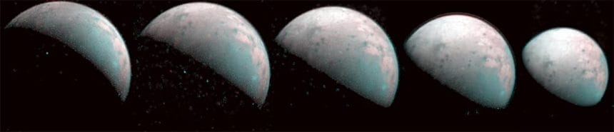 Estas imágenes que el instrumento JIRAM a bordo de la nave espacial Juno de la NASA tomó el 26 de Diciembre de 2019, proporcionan la primera visión del helado polo norte de Ganímedes. Image Credit: NASA/JPL-Caltech/SwRI/ASI/INAF/ JIRAM