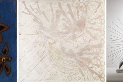 Left: Francis Picabia, "Fleurs", ca. 1938. Oil on board, 6 x 4 1/2 inches Center: Sigmar Polke, "Untitled", 1990. Silver nitrate, silver iodide on canvas, 74 3/4 x 78 3/4 inches Right: Enrico David, "Tools and Toys III", 2014 Jesmonite, graphite, copper, from an edition of 5 + 2 APs, 23 1/4 x 20 1/2 x 3 inches