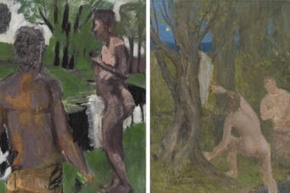 Left: Markus Lüpertz, "Mistelzweig (Mistletoe)", 2017 Mixed media on canvas in artist's frame, 39 1/4 x 32 inches Right: Pierre Puvis de Chavannes, "Baigneurs dans un sous-bois (Bathers Under Trees)", ca. 1890-91 Oil, pastel on canvas, 16 1/4 x 12 1/2 inches