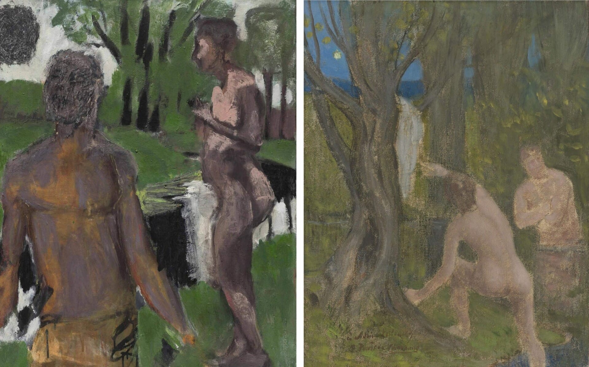 Left: Markus Lüpertz, "Mistelzweig (Mistletoe)", 2017 Mixed media on canvas in artist's frame, 39 1/4 x 32 inches Right: Pierre Puvis de Chavannes, "Baigneurs dans un sous-bois (Bathers Under Trees)", ca. 1890-91 Oil, pastel on canvas, 16 1/4 x 12 1/2 inches