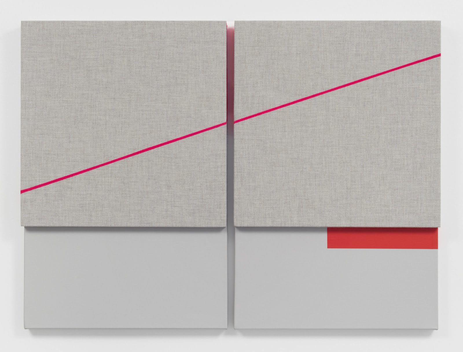 Jennie C. Jones, Fractured Crescendo, Red Rest, 2020, acoustic absorber panel and acrylic on canvas, diptych overall: 36 x 49 1/2 x 2 in (91.4 x 125.7 x 5.1 cm), each: 36 x 24 x 2 in (91.4 x 61 x 5.1 cm). Courtesy Alexander Gray Associates, New York; Patron Gallery, Chicago, IL, © Jennie C. Jones /Artists Rights Society (ARS), New York.