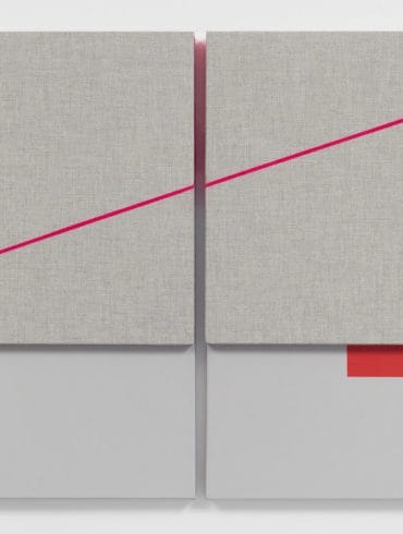 Jennie C. Jones, Fractured Crescendo, Red Rest, 2020, acoustic absorber panel and acrylic on canvas, diptych overall: 36 x 49 1/2 x 2 in (91.4 x 125.7 x 5.1 cm), each: 36 x 24 x 2 in (91.4 x 61 x 5.1 cm). Courtesy Alexander Gray Associates, New York; Patron Gallery, Chicago, IL, © Jennie C. Jones /Artists Rights Society (ARS), New York.