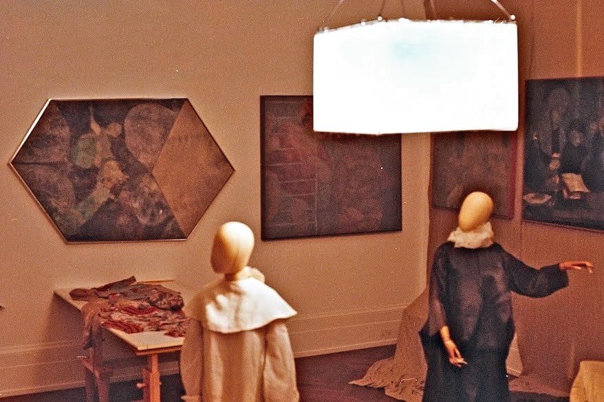 Kai Althoff, View of Kai Althoff, Michael Werner Gallery, London, 2014, Paintings, mannequins, dresses, knitwear, linen fabric, furniture, lamp.