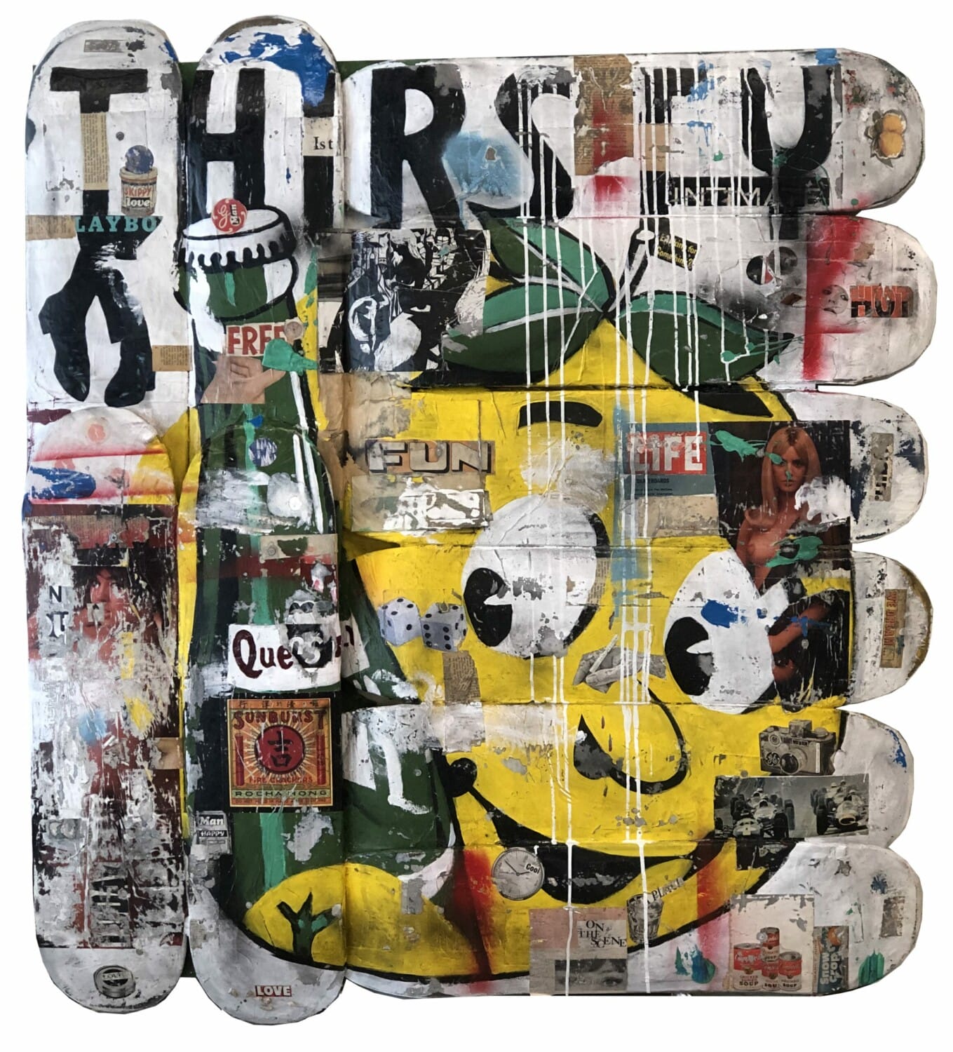 GREG MILLER Thirsty Acrylic, Spray Paint + Collage Paper on Skateboard Planks 51 x 48 inches