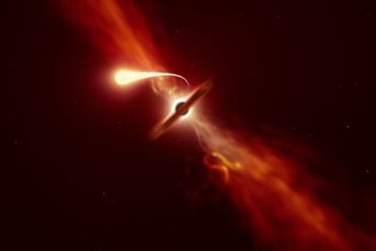 Representación artística de una estrella con efecto de disrupción de marea provocado por un agujero negro supermasivo. Image Credit: ESO/M. Kornmesser