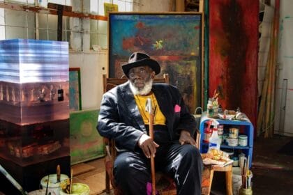 Frank Bowling in his South London studio, 2020, photo by Sacha Bowling, courtesy the artist