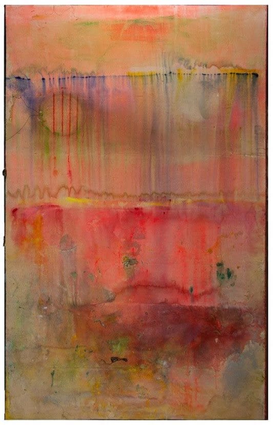 Frank Bowling, Watermelon Bight, 2020, Acrylic on Canvas, 185.4 x 297.2 cm, courtesy Frank Bowling Studio, currently on display in the Royal Academy Summer Exhibition.