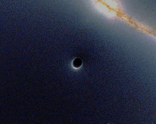 Simulación de lente gravitacional por un agujero negro que distorsiona la luz proveniente de una galaxia en el fondo