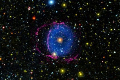 La Nebulosa del Anillo Azul consta de dos conos de gas en expansión expulsados al espacio por una fusión estelar. A medida que el gas se enfría, forma moléculas de hidrógeno que chocan con partículas en el espacio interestelar, provocando que irradien luz ultravioleta lejana. Invisible para el ojo humano, se muestra aquí como azul. Credits: NASA/JPL-Caltech/M. Seibert (Carnegie Institution for Science) / K. Hoadley (Caltech)/GALEX Team