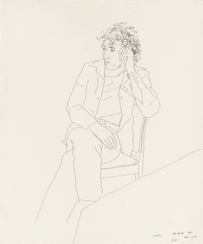 David Hockney, Gregory, Hot Springs Arkansas, 1976, ink on paper, 17 x 13 7/8 inches, 43.2 x 35.2 cm. © David Hockney Inquire