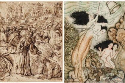 (l.) Rembrandt School (Dutch, 17th Century), The Angel Saves Lot and His Family, c. 1660. Pen and brown ink on buff paper, red chalk framing lines. 159 x 129 mm. (r.) Arthur Rackham (British 1867-1939). The Tempest, 1925. Pen and ink with watercolor, 11.5 x 9.5 inches.