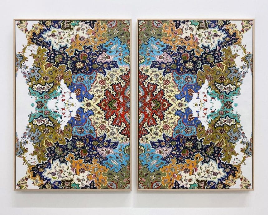 Jason Seife, Circle Takes the Square , 2020 , Oil and acrylic on canvas , 96.5 x 66 cm each, 96.5 x 142 cm total , courtesy the artist and Unit London