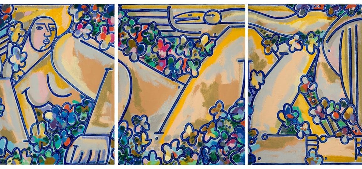 America Martin. Lidia and Swan (Triptych). Oil + Acrylic on Canvas. 54.5 x 130.5 inches