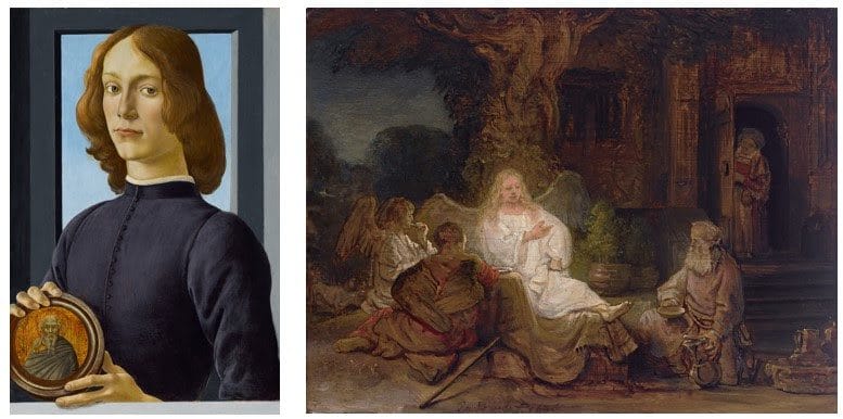 From Left to Right: Sandro Botticelli, Young Man Holding a Roundel, estimate in excess of $80 million; Rembrandt van Rijn, Abraham and the Angels, estimate $20/30 million