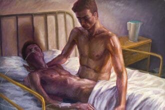 Hugh Steers, Hospital Bed, 1993, oil on canvas, 61.25h x 65.13w in (155.7h x 165.35w cm). Courtesy Alexander Gray Associates, New York, © Estate of Hugh Steers.