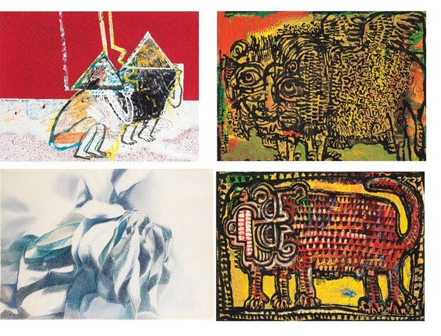 Top left: Soheil Mokhtar (Iran, born 1988) Untitled. Estimate £450-550. Bottom Left: Kaveh Najmadbadi (Iran, born 1960) Untitled. Estimate £400-500. Right: Shaseddin Ghazi (Iran, born 1983) Untitled. Estimate £350-500.