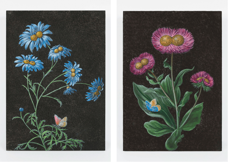 (Left and right) Future Herbarium. Distemper on wood, 34 x 24 x 5 cm | 13 3/8 x 9 7/16 x 1 15/16 inch. Photo: Claire Dorn. © Laurent Grasso / ADAGP, Paris & SACK, Seoul 2021. Courtesy Perrotin