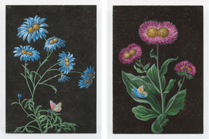 (Left and right) Future Herbarium. Distemper on wood, 34 x 24 x 5 cm | 13 3/8 x 9 7/16 x 1 15/16 inch. Photo: Claire Dorn. © Laurent Grasso / ADAGP, Paris & SACK, Seoul 2021. Courtesy Perrotin
