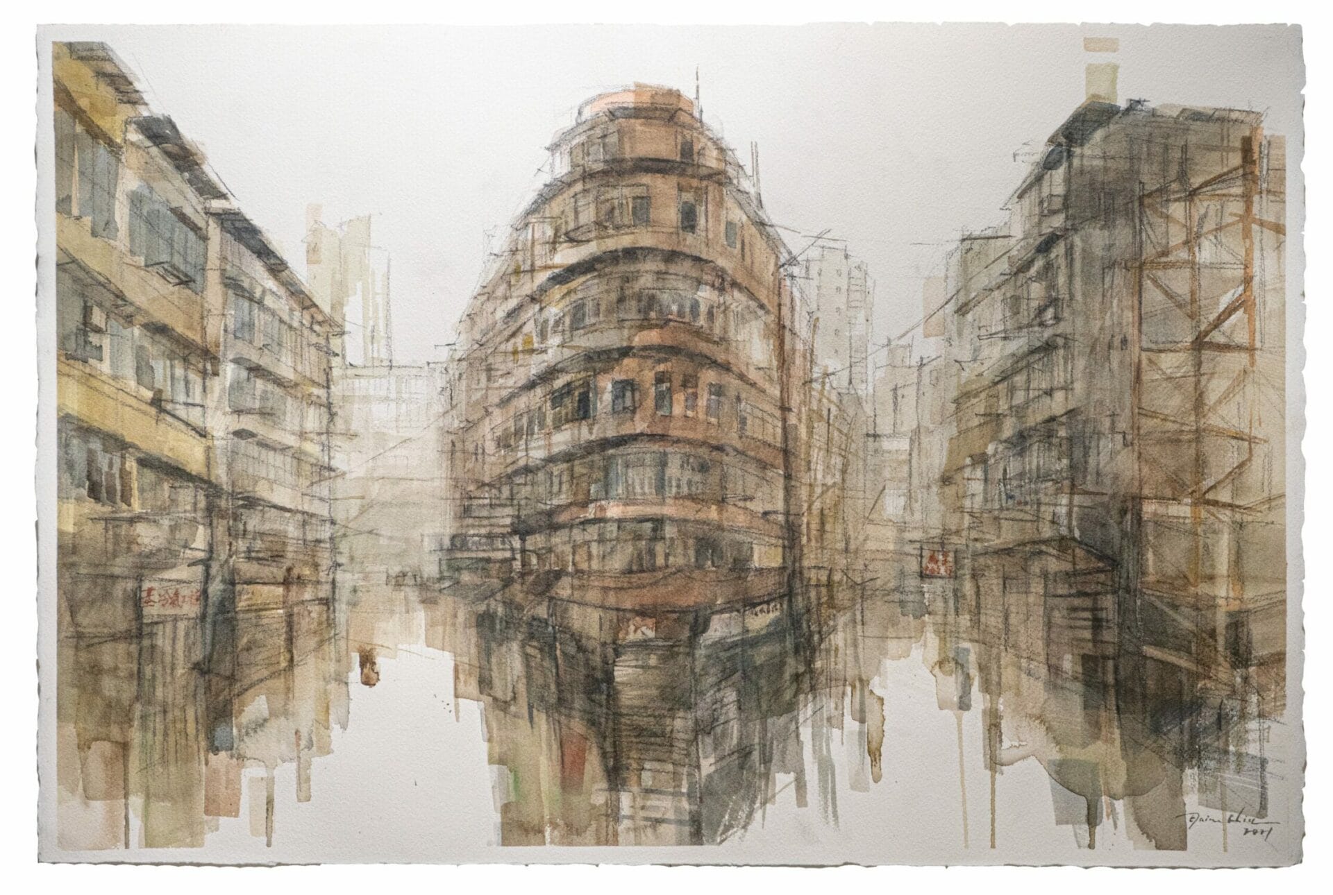 Elaine Chiu, To Kwa Wan Redevelopment Area ??????, 2021, Watercolor on paper, 38 by 57 cm 