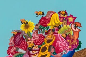 Peter Saul, “The World Is a Bowl of Flowers”, 2020 Acrylic on canvas, 72 x 84 inches (183 x 213.5 cm)