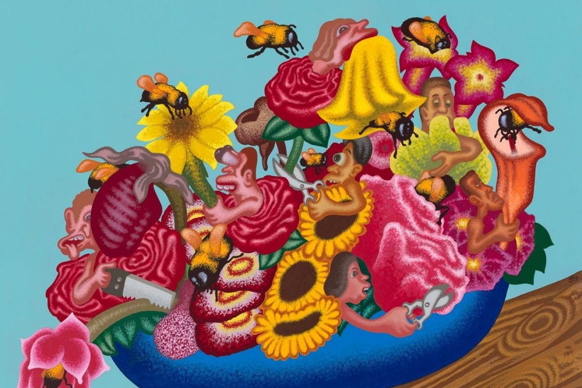 Peter Saul, “The World Is a Bowl of Flowers”, 2020 Acrylic on canvas, 72 x 84 inches (183 x 213.5 cm)