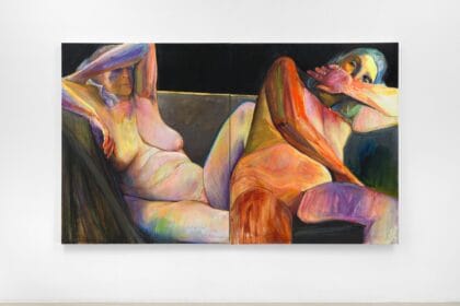 Joan Semmel, Couch Diptych, 2019, Oil on canvas, Diptych: 72 x 120 in overall (182.9 x 304.8 cm overall)