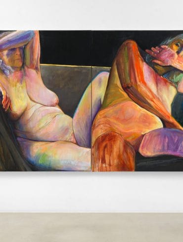 Joan Semmel, Couch Diptych, 2019, Oil on canvas, Diptych: 72 x 120 in overall (182.9 x 304.8 cm overall)
