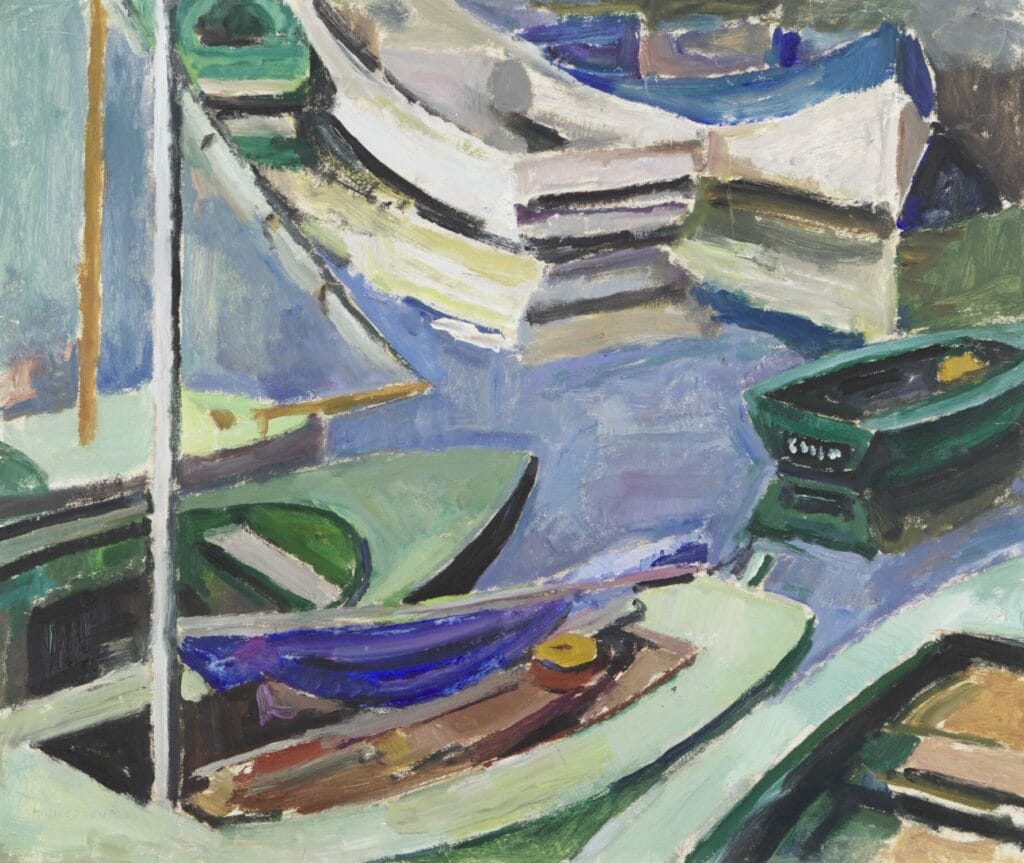 Mildred Bendall (1871-1977) Barques, c. 1935 Oil on paper laid on canvas 46 x 55 cm Signed lower left