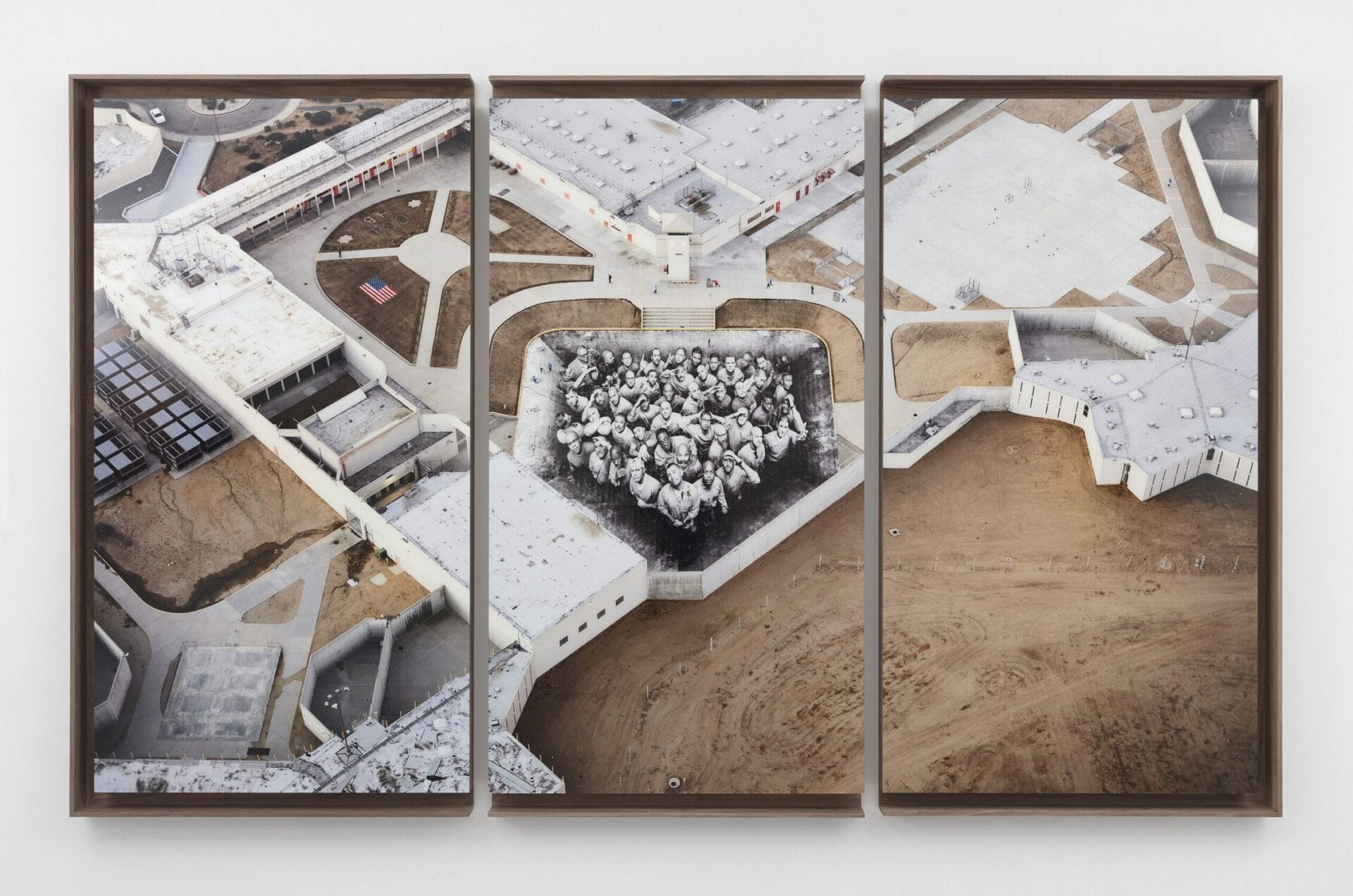 JR Tehachapi, Daytime, Triptych, U.S.A., 2019 color print, mounted on dibond, mat plexiglas, american flushed walnut frame 63" × 104-1/8" × 3-5/8" (160 cm × 264.5 cm × 9.2 cm)