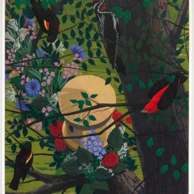 Kerry James Marshall, Black and part Black Birds in America (Red wing Blackbirds, Yellow Bellied Sapsucker, Scarlet Tanager), 2021. © Kerry James Marshall