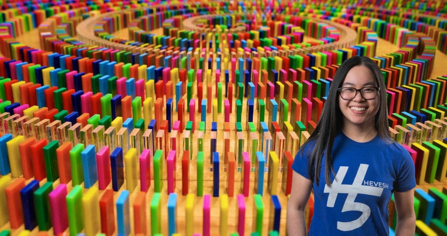 Domino artist and YouTube influencer Lily Hevesh (@Hevesh5) with her latest creation. Launched to support the call for fairer vaccine distribution worldwide, in collaboration with global charitable foundation Wellcome and partners UNICEF and GAVI. Watch the dominoes topple at https://www.youtube.com/watch?v=ugbX9uF6-x0