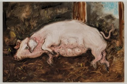 Tanya Merrill, Lying Sow, 2021, oil on linen, 20 x 30 inches, 50.8 x 76.2 cm. Courtesy of the artist and 303 Gallery, New York.